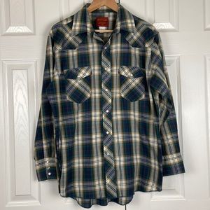 Rustler western plaid long sleeve Pearl snap button down x-longtails Mens 16 1/2
